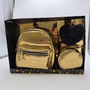 Metallic Gold Mini Backpack Coin Purse & Keychain Set Crocodile Print Women's